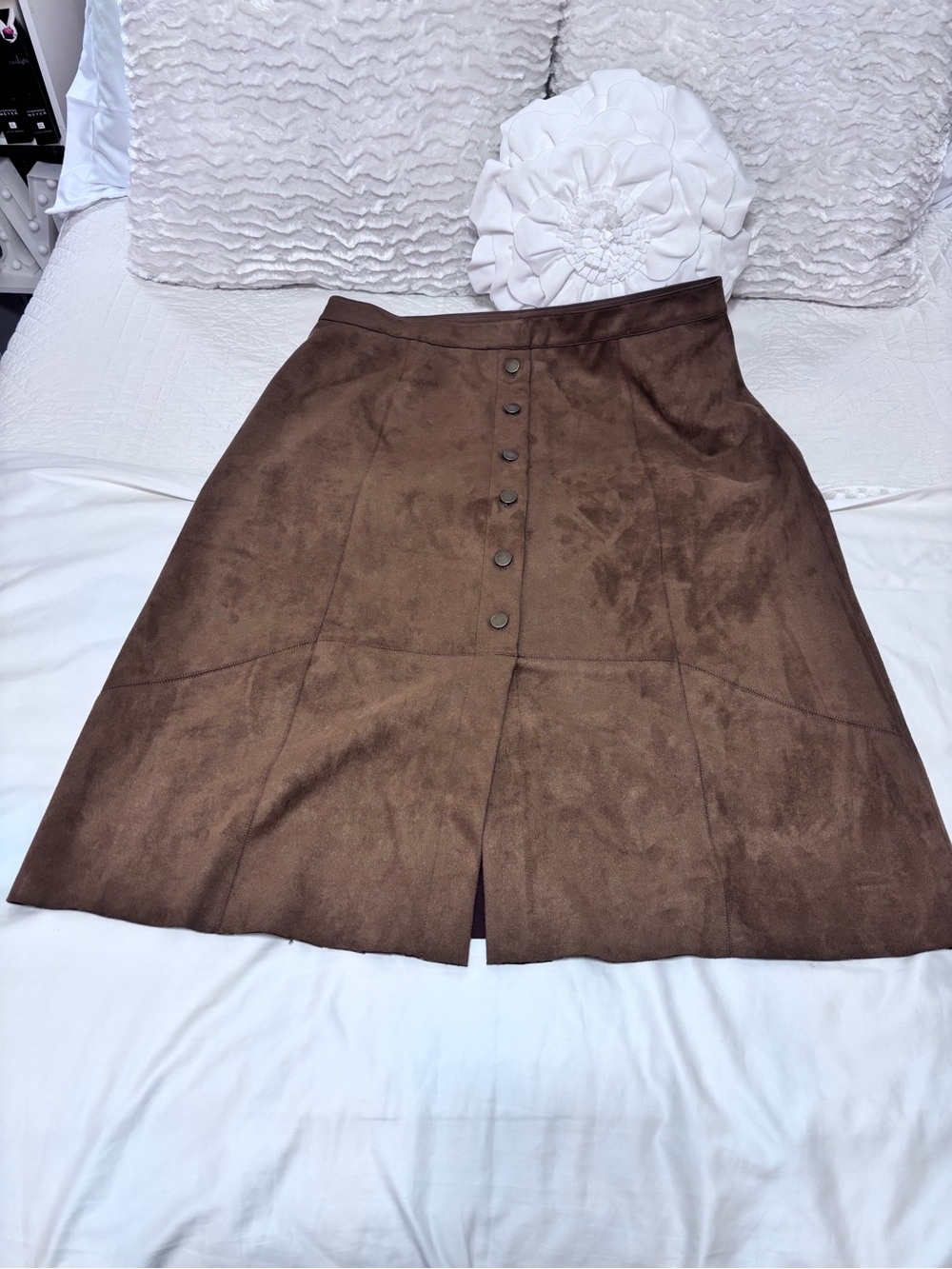 Ruby Rd Brown Faux Suede Button Front A-Line Skirt Size 18